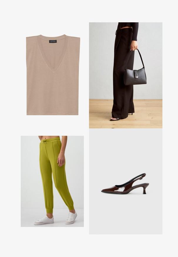 Beige ärmelloses V-Ausschnitt-Oberteil mit einem schwarzen Etikett, auf dem "ANNA FIELD" steht, am Kragen, flach auf weißem Hintergrund ausgelegt.; Grüne Jogginghosen aus weichem Stoff mit einem Kordelzugbund, schmal zulaufenden Säumen und zwei seitlichen Nähten; kombiniert mit weißen Turnschuhen.; Braune Lackleder-Slingback-Schuhe mit spitzer Zehe und moderatem Absatz. Mit einem Schnallenriemen für einen sicheren Sitz. Glatte Textur.; Schwarze Handtasche mit strukturierter Form, glatter Textur und einem metallischen Verschluss. Kombiniert mit weiten schwarzen Hosen und offenen Sandalen auf einem Holzboden.