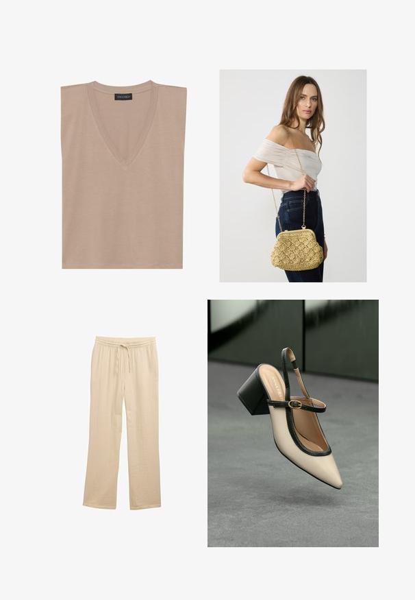 Beige mouwloze V-hals top met een zwart label met de tekst "ANNA FIELD" op de kraag, plat gelegd op een witte achtergrond.; Beige wijde-pijpenbroeken van gestructureerde stof, met een elastische tailleband en een trekkoord voor een verstelbare pasvorm.; Beige puntige slingback schoen met zwarte rand, gouden gesp en een chunky blokhak op een grijze vloer met een donker groene achtergrond.; Geweven rieten handtas in lichtbeige, met een gebogen vorm, sluiting met een knipsluiting en een gouden kettinghengsel. Ge profileerd oppervlak met een diamantpatroon.
