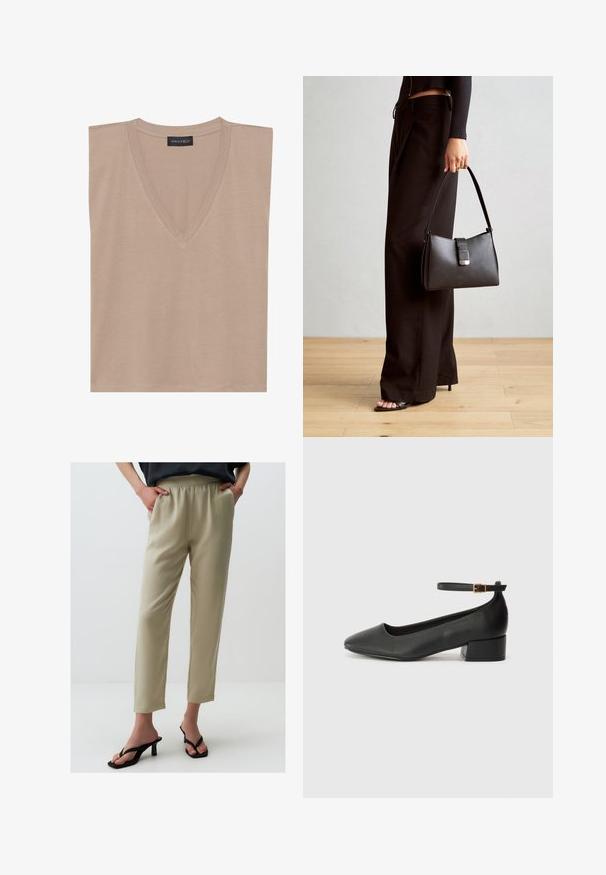 Beżowy top na ramiączkach z dekoltem w serek, z czarną metką z napisem "ANNA FIELD" przy kołnierzyku, leżący płasko na białym tle.; Jasnobeżowe spodnie o wysokim stanie, z elastycznym pasem, prostymi nogawkami i gładką fakturą. Połączone z czarnymi sandałami na obcasie.; Czarne skórzane szpilki z ostrym noskiem i niskim słupkowym obcasem. Wyposażone w pasek na kostkę z złotym zapięciem. Gładka tekstura.; Czarna torebka o usztywnionym kształcie, gładkiej fakturze i metalowym zapięciem. Połączona z szerokimi czarnymi spodniami i sandałami na otwartym palcu na drewnianej podłodze.