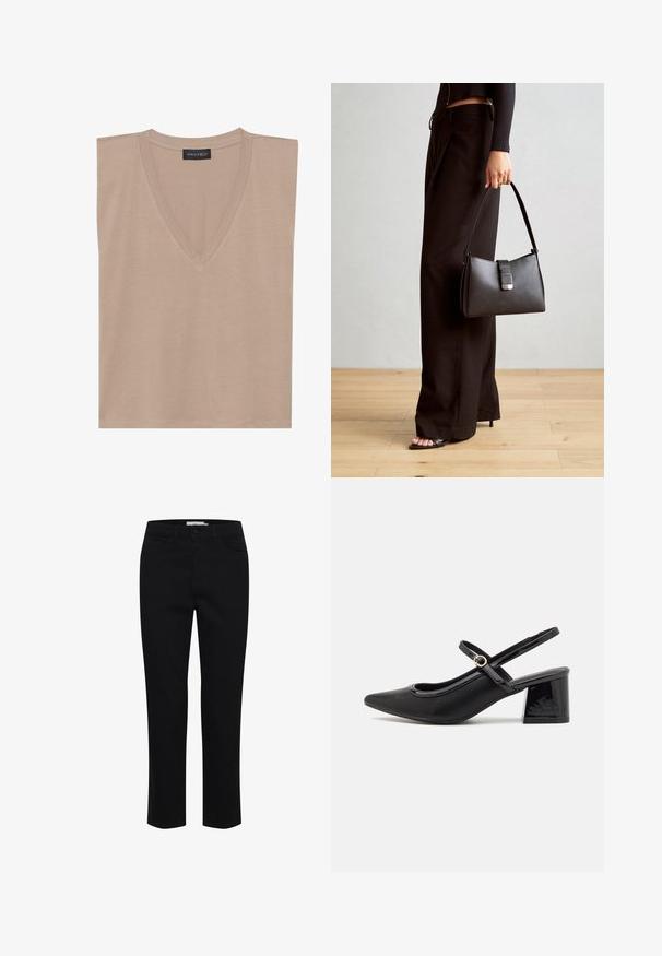 Bežinis begalinio v-kakliuko marškinėliai be rankovių su juodu etiketė "ANNA FIELD" prie apykaklės, atremti plokščiai ant baltos fono.; Juodos medvilnės kelnes, sukurtas su tiesiu kirpimu. Turi penkis kišenes ir priekinį mygtuko uždarymą. Lygus paviršius, minimalūs siuvimo detalės.; Juodi patentinio odos slingback aukštakulniai su smailiu pirštu, apvaliu išpjovimu ir blokiniu kulnu. Papuošti auksiniu juostos akcentu.; Juodas rankinė struktūrizuota forma, lygi tekstūra ir metalinis užsegimas. Suporuota su plačiomis juodomis kelnėmis ir atvirais bateliais ant medinių grindų.