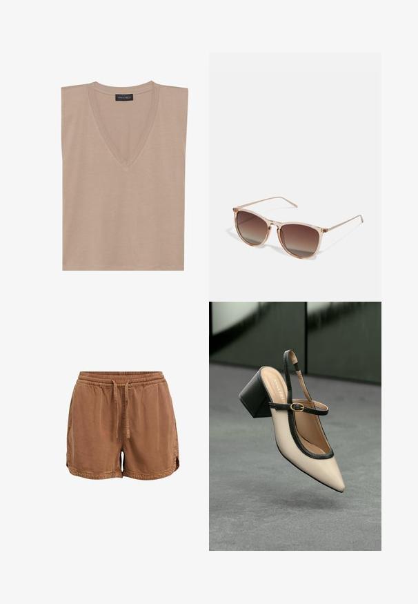 Haut sans manches beige en V avec une étiquette noire portant la mention "ANNA FIELD" au col, posé à plat sur un fond blanc.; Shorts marron en tissu doux, avec une taille élastique, un cordon de serrage réglable et des poches latérales. Ourlet avec petites fentes sur les côtés.; Escarpin beige à bout pointu et bride arrière, avec des finitions noires, une boucle dorée et un talon bloc épais, posé sur un sol gris avec un fond vert foncé.; Lunettes de soleil dégradées marron avec une monture translucide rose, de forme carrée et des branches en métal fines. Présente des bords arrondis et un design minimaliste.
