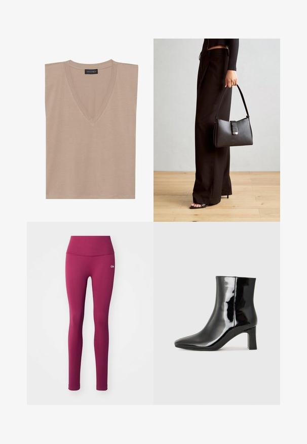 Béžový bezrukávový top s výstrihom do V a čiernou nálepkou s nápisom "ANNA FIELD" na golieri, položený na bielom pozadí.; Fialové rebrované legíny s vysokým pásom a malým bielym logo. Tkanina vyzerá elasticky a hladko, vhodná na športové oblečenie.; Čierne lakované členkové topánky s špicatou špičkou a stredne vysokým blokovým podpätkom. Hladká textúra a minimalistický dizajn.; Čierna kabelka so štruktúrovaným tvarom, hladkou textúrou a kovovou sponou. V kombinácii so širokými čiernymi nohavicami a sandálmi s otvorenou špičkou na drevenej podlahe.