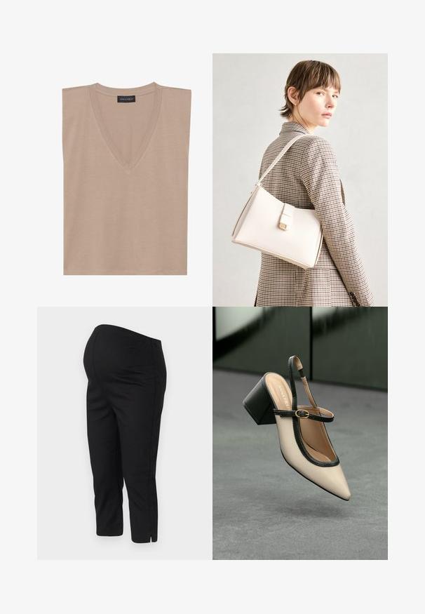 Beżowy top na ramiączkach z dekoltem w serek, z czarną metką z napisem "ANNA FIELD" przy kołnierzyku, leżący płasko na białym tle.; Czarne legginsy z elastycznym pasem, w długości do połowy łydki, z rozcięciami po bokach u dołu, co zapewnia swobodę ruchów. Gładka struktura.; Beżowe buty typu slingback z ostrym noskiem, czarnym wykończeniem, złotą klamrą i grubym obcasem na szarym podłożu z ciemnozielonym tłem.; Biała skórzana torebka o strukturalnym wzorze, z magnetycznym zapięciem i paskiem na ramię, zaprezentowana na neutralnym tle.