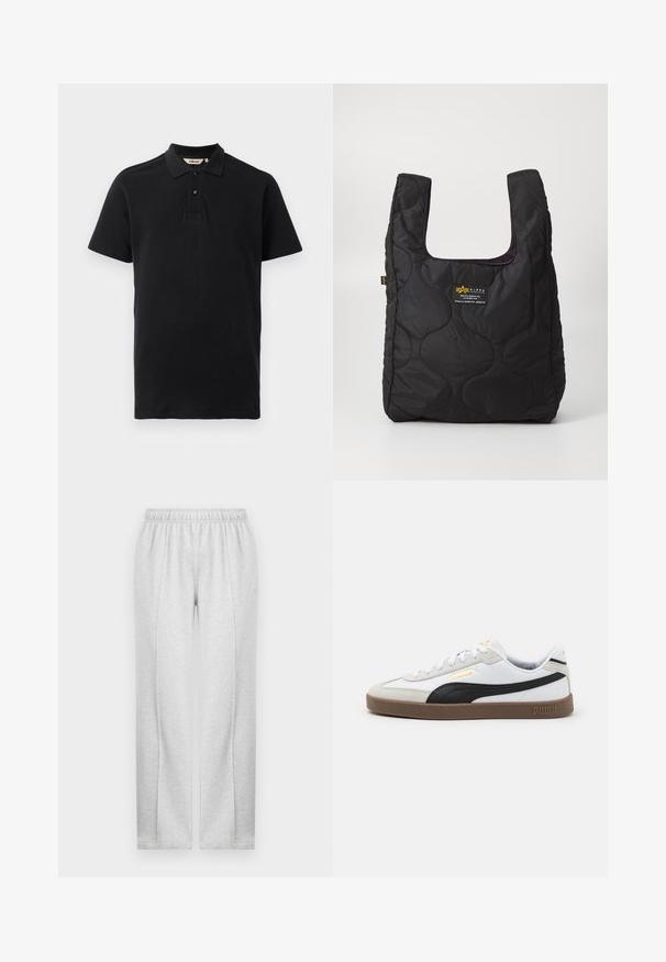 Fekete pólóing, amely texturált pamutból készült. Két gombos gallérral, rövid ujjú, és a mellrészen diszkrét hímzett logóval ellátott.; Szürke melegítőnadrág, elasztikus derékkal, egyenes szabással és diszkrét oldals seams. Puha, könnyű anyagból készült. Minimalista dizájn.; Fehér bőr sportcipő fekete velúr díszítéssel, kerek orr, lapos barna gumi talp és bepréselt arany logó az oldalon. Kötözőfűzők és párnázott szegély.; Fekete steppelt táska nagy nyílással, ívelt formákkal a felületen, és egy címkével, amely sárga és fehér szöveget tartalmaz az elején.