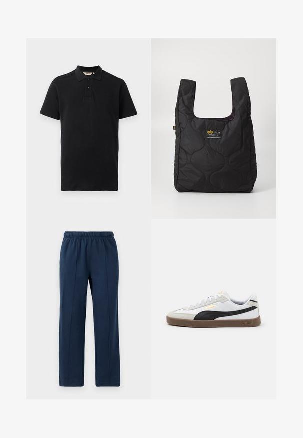 Sort polo shirt lavet af tekstureret bomuld. Har en to-knaps placket, korte ærmer og et diskret broderet logo på brystet.; Marineblå bukser med elastisk talje og afslappet pasform. Har vertikale syninger og blød bomuldsstruktur.; Hvide lædersneakers med sorte ruskindsdetaljer, rund tå, flad brun gummisål og præget guld-logo på siden. Snører og polstret krave.; Sort quiltet totebag med en stor åbning, buede former på overfladen og et mærke med gul og hvid tekst på forsiden.