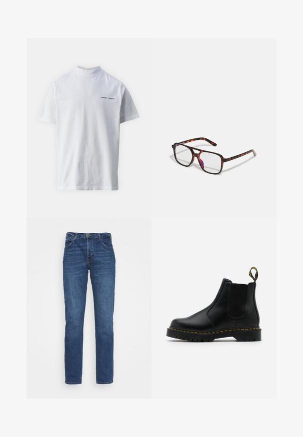 Camisa de algodón blanca con un cuello alto y mangas cortas. Presenta el logo "SAMSØE SAMSØE" en negro en la parte delantera. Textura suave.; Pantalones vaqueros de denim azul con corte recto, que cuentan con cinco bolsillos, un cierre de botón metálico y un ligero desvanecimiento en una textura suave.; Botas Chelsea de cuero negro con paneles laterales elásticos, acentos de costura amarilla y suelas de goma texturizada. Presenta una pestaña en el talón.; Gafas de sol con patrón de carey, con lentes rectangulares, montura negra y naranja, con un acabado brillante y patillas delgadas.