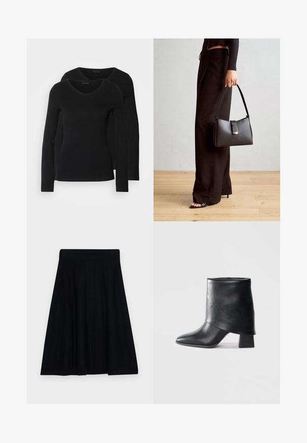 Duas camisetas pretas de manga longa com design em V, feitas de um tecido macio e elástico, apresentando uma textura suave e um formato ajustado.; Saia pregueada preta com uma superfície texturada, apresentando uma cintura larga e uma forma em A fluida para um uso confortável.; Bota de tornozelo em couro preto com bico afilado, textura suave e um salto bloco estruturado. Apresenta um design de cano alto e dobrado.; Bolsa preta com forma estruturada, textura suave e um fecho metálico. Combinada com calças largas pretas e sandálias de salto aberto sobre um chão de madeira.