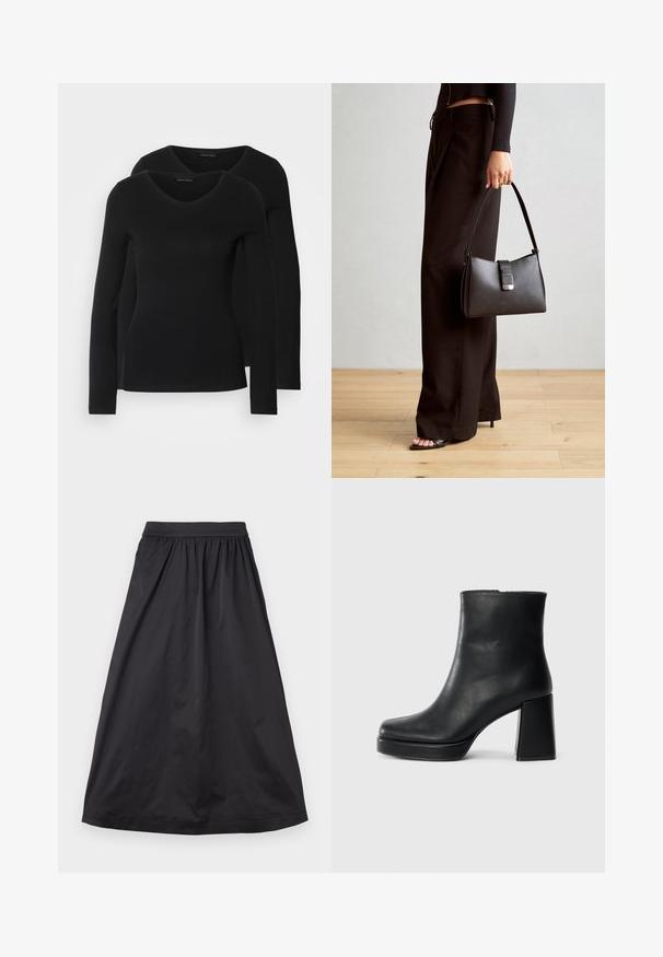 Divi melni krekli ar garām piedurknēm un V-veida kakla izgriezumu, izgatavoti no mīksta, elastīga auduma, ar gludu tekstūru un pieguļošu formas.; Melnā maksi svārku, kas izgatavoti no gludas auduma; tajā ir savilkta josta, plūstoša silueta un taisna apakšmala bez papildu rotājumiem.; Melna ādas potīšu zābaku ar bloku papēdi un platformas zoli, skatīts no sāna uz vienkārša balta fona.; Melnā somiņa ar strukturētu formu, gludu tekstūru un metālu sprādzi. Saskaņota ar platām melnām biksēm un sandālēm ar atvērtu purngalu uz koka grīdas.