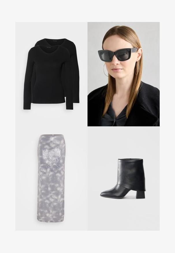 Twee zwarte longsleeve shirts met een V-hals ontwerp, gemaakt van zachte, rekbare stof, die een gladde textuur en een getailleerde vorm laten zien.; Lange, grijze paillettenrok met een textuur van ribbelontwerp en een zachte wolkenpatroon. Heeft een recht silhouet en een ritssluiting aan de achterkant.; Zwarte leren enkellaars met een spitse neus, een zachte textuur en een gestructureerde blokhak. Kenmerkt zich door een hoge, gevouwen kraag.; Zwarte cat-eye zonnebril met donkere lenzen, dikke monturen en subtiele accenten. Draagt een zwarte jas en een grijze top, met lang stijl haar.
