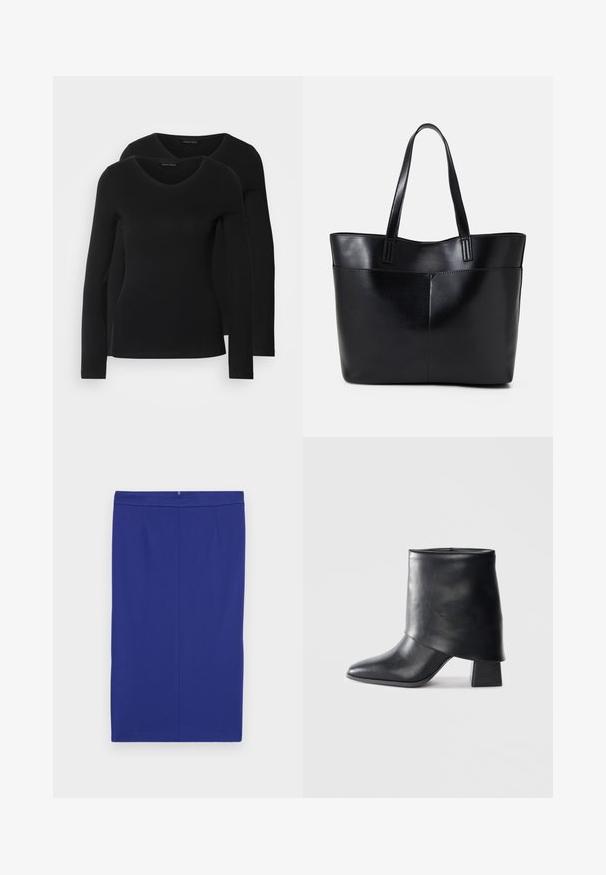 Două cămăși negre cu mâneci lungi și decolteu în V, fabricate dintr-un material moale și elastic, cu o textură netedă și o formă ajustată.; Fustă creion albastru regal, cu o textură netedă, având o formă ajustată, fermoar lateral invizibil și un design minimalist fără modele vizibile.; Botine din piele neagră cu vârf ascuțit, textură netedă și toc bloc structurat. Prezintă un design cu manșetă înaltă și pliată.; Geantă oversized din piele neagră, cu două mânere lungi, de textură netedă și formă structurată. Are un buzunar frontal pentru stocare suplimentară.