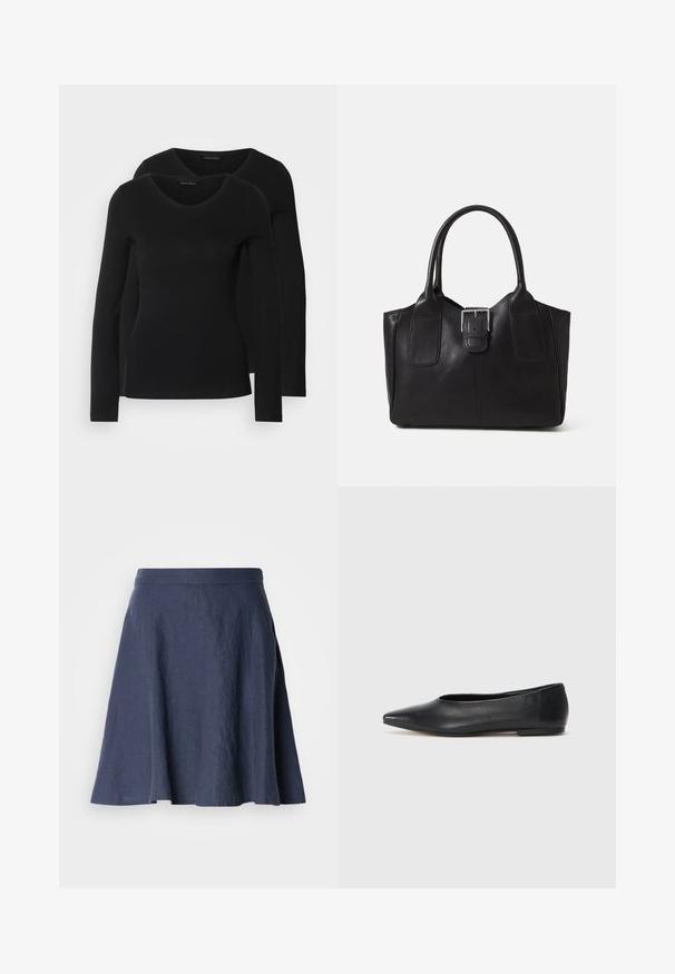 Dva crna majice dugih rukava s V-izrezom, izrađene od mekanog, rastezljivog materijala, s glatkom teksturom i prilagođenim oblikom.; Mornarskoplava lanena suknja s izrezom u obliku zvona, lagana tekstura, srednje dužine, sa šivenim detaljima uz šavove.; Crne kožne balerinke, uski vrh, minimalistički dizajn, glatka tekstura, niska peta, bez vidljivih dodataka ili ukrasa.; Crna kožna torba za nošenje s glatkom teksturom, strukturiranim oblikom, dvije ručke i istaknutim srebrnim kopčanjem na prednjoj strani.