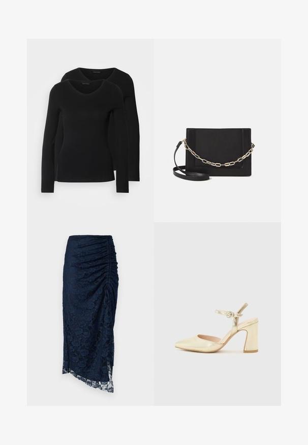 Duas camisetas pretas de manga longa com design em V, feitas de um tecido macio e elástico, apresentando uma textura suave e um formato ajustado.; Saia midi em renda azul-marinho com um design pregueado, bainha assimétrica e padrões florais, com uma textura translúcida na parte inferior.; Sapato de salto metálico dourado com bico pontiagudo, uma tira no tornozelo com fecho circular e um design de salto grosso. Textura suave.; Bolsa crossbody de couro preto com uma textura suave, forma retangular e um detalhe em corrente metálica na frente. Inclui uma alça ajustável.