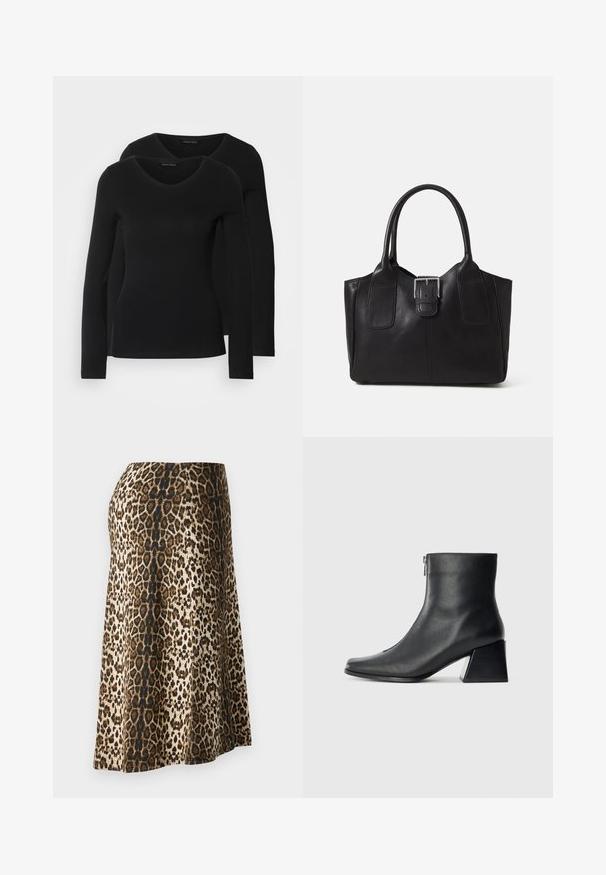 Divi melni krekli ar garām piedurknēm un V-veida kakla izgriezumu, izgatavoti no mīksta, elastīga auduma, ar gludu tekstūru un pieguļošu formas.; Leoparda raksta svārki ar mīkstu, gludu tekstūru; krāsas ietver bēšu, melnu un brūnu; potītes garums ar cieši pieguļošu jostu.; Melna ādas potītes zābaku ar kvadrātveida purngalu, sānu rāvējslēdzēju un bloku papēdi uz vienkārša gaismas fona.; Melnas ādas somiņa ar gludu tekstūru, strukturētu formu, divām rokturām un izteiktu sudraba sprādzi priekšpusē.