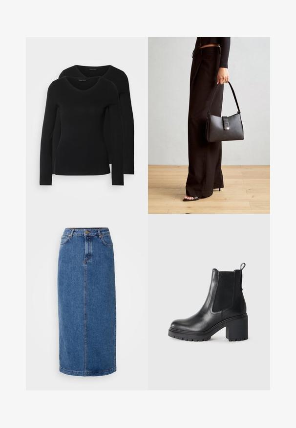Két fekete, hosszú ujjú póló V nyakkal, puha, rugalmas anyagból, sima textúrával és testhezálló fazonnal.; Denim szoknya, térd hosszúságú, kék színű, egyenes szabású. Elülső zsebekkel, övtartókkal és kontrasztos varrással a varratokon. Sima textúra.; Fekete bőr bokacsizma vastag sarokkal, elasztikus oldalsó panelekkel és hátsó húzófüllel. Texturált talp a jobb tapadás érdekében.; Fekete kézi táska strukturált formával, sima textúrával és fémből készült záródással. Széles fekete nadrággal és nyitott orrú szandállal párosítva, fából készült padlón.