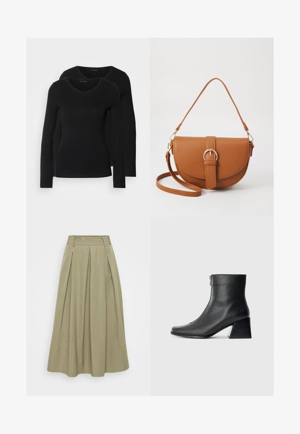 Two black long-sleeve shirts with a V-neck design, made of soft, stretchy fabric, showing smooth texture and a fitted shape.; Khaki pleated skirt made of lightweight fabric, with a high waist and clean lines; features subtle sheen and no visible embellishments.; Black leather ankle boot with square toe, side zipper, and block heel against plain light background.; Brown leather crossbody bag with a curved shape, gold hardware, and a buckle accent. Features a detachable shoulder strap.