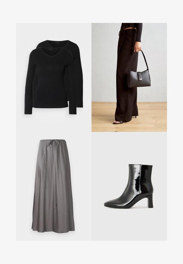 Two black long-sleeve shirts with a V-neck design, made of soft, stretchy fabric, showing smooth texture and a fitted shape.; Gray maxi skirt made of smooth, lightweight fabric. Features an elastic waistband with a drawstring and side slits for ease of movement.; Black patent leather ankle boot with a pointed toe and a mid-height block heel. Smooth texture and minimalist design.; Black handbag with structured shape, smooth texture, and a metallic clasp. Paired with wide black pants and open-toe sandals on wooden floor.