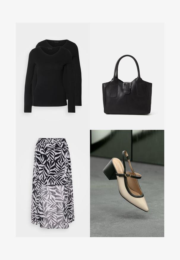 Két fekete, hosszú ujjú póló V nyakkal, puha, rugalmas anyagból, sima textúrával és testhezálló fazonnal.; Fekete-fehér levélmintás szoknya könnyű, textúrált anyagból, gumis derékkal és földig érő fazonnal.; Bézs, hegyes orrú, magas sarkú pántos cipő fekete szegéllyel és csattos részlettel. Matt felületű, sima anyagból készült, közepes vastagságú blokkos sarokkal.; Fekete bőr bevásárlótáska sima textúrával, strukturált formával, két fogantyúval és egy figyelemfelkeltő ezüst csattal az elején.