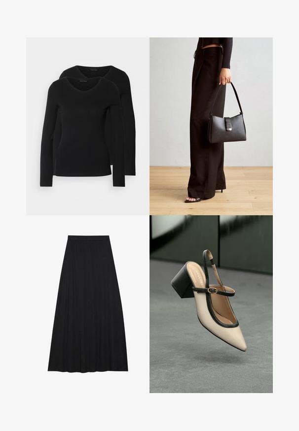 Dvě černé dlouhé rukávy trička s výstřihem do V, vyrobené z měkkého, elastického materiálu, s hladkou texturou a přiléhavým střihem.; Černá maxi sukně vyrobená z jemné, splývavé tkaniny. Má elastický pas a plný, A-liniový silueta s hladkým povrchem.; Béžový sandál na vysokém podpatku se zavazováním za patou, špičatou špičkou, černým lemováním a detaily přezky. Hladký materiál s matným povrchem, středně vysoký blokový podpatek.; Černá kabelka se strukturovaným tvarem, hladkým povrchem a kovovým uzávěrem. Kombinována s širokými černými kalhotami a sandály s otevřenou špičkou na dřevěné podlaze.
