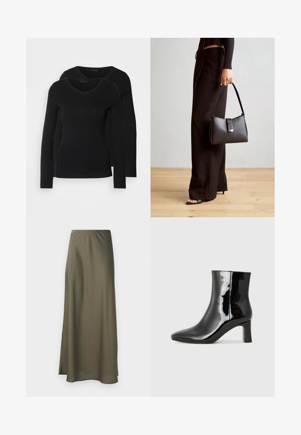 Dwie czarne koszule z długim rękawem o designie w kształcie litery V, wykonane z miękkiego, elastycznego materiału, o gładkiej teksturze i dopasowanym kroju.; Oliwkowa maxi spódnica z gładkiego, lejącego materiału z bocznym rozcięciem i elastycznym paskiem w talii dla komfortu. Bez wzorów ani metalowych detali.; Czarne lakierowane botki za kostkę z wysmukłym noskiem i średniej wysokości obcasem w kształcie słupka. Gładka tekstura i minimalistyczny design.; Czarna torebka o usztywnionym kształcie, gładkiej fakturze i metalowym zapięciem. Połączona z szerokimi czarnymi spodniami i sandałami na otwartym palcu na drewnianej podłodze.