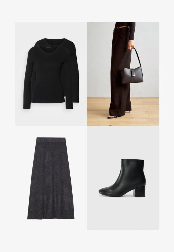 Divi melni krekli ar garām piedurknēm un V-veida kakla izgriezumu, izgatavoti no mīksta, elastīga auduma, ar gludu tekstūru un pieguļošu formas.; Tumši pelēks, līdz ceļiem garš adīts svārks ar gludu faktūru un jostu. A formas siluets ar viendabīgu apakšmalu, izstrādāts komfortam un daudzpusībai.; Melna ādas potīšu zābaki ar smailu purngalu un masīlu papēdi. Gluda tekstūra ar minimāliem akcentiem un gludu, pieguļošu dizainu.; Melnā somiņa ar strukturētu formu, gludu tekstūru un metālu sprādzi. Saskaņota ar platām melnām biksēm un sandālēm ar atvērtu purngalu uz koka grīdas.