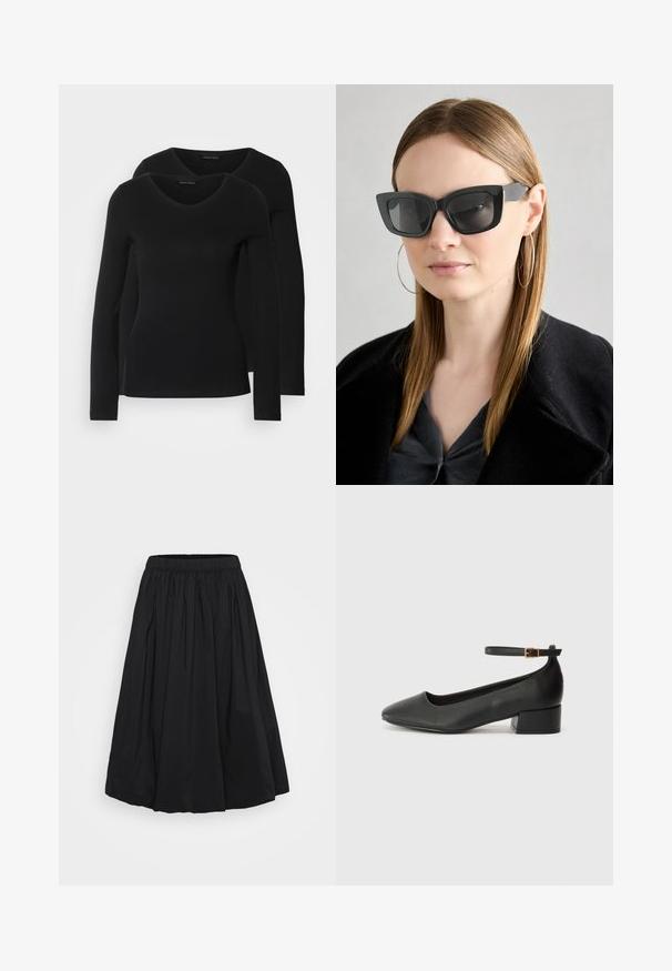 Dvoje čiernych košieľ s dlhým rukávom a výstrihom do V, vyrobených z mäkkej a elastickej látky, s jemnou textúrou a priliehavým strihom.; Čierna sukňa po kolená vyrobená z ľahkej tkaniny, s naťahovacím elastickým pásom a rozšíreným, objemným siluetou.; Čierne kožené lodičky s špicatou špičkou a nízkym blokovým podpätkom. Obsahuje remienok okolo členka so zlatým prackou. Hladký povrch.; Čierne mačacie slnečné okuliare s tmavými sklami, hrubými obručami a jemnými detailami. Nosí sa s čiernym kabátom a sivým topom, pričom má dlhé rovné vlasy.