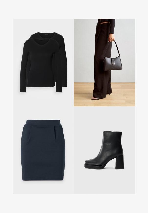 Dva crna majice dugih rukava s V-izrezom, izrađene od mekanog, rastezljivog materijala, s glatkom teksturom i prilagođenim oblikom.; Navy plava rastezljiva žersej suknja s prilagođenim siluetom, koja ima glatki pojas i dva prednja džepa.; Crna kožna čizma do gležnja s blok petom i platformom, prikazana s bočne strane na jednostavnoj bijeloj pozadini.; Crna torba s oblikom koji sadrži strukturu, glađu teksturu i metalnu kopču. Uparena s širokim crnim hlačama i sandalama na otvorenom s drvenog poda.