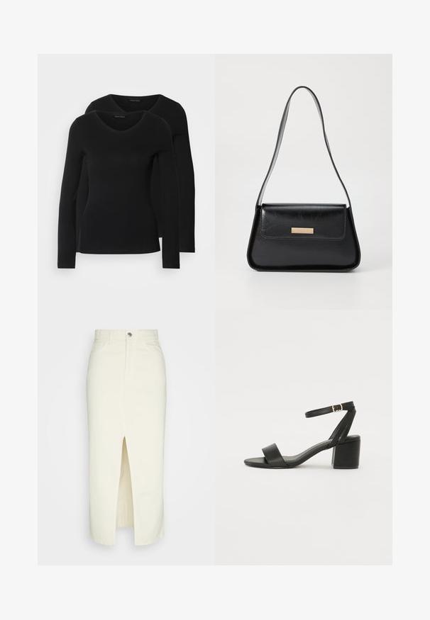 Twee zwarte longsleeve shirts met een V-hals ontwerp, gemaakt van zachte, rekbare stof, die een gladde textuur en een getailleerde vorm laten zien.; Witte denim midi-rok met een voorknoopsluiting, vijf-pocket ontwerp en metalen knoopsluiting. Soepele textuur, hoge taille, rechte silhouet.; Zwarte hoge sandaal met een soepel leren bovenkant, een open teen, brede voorkruisbanden en een verstelbare enkelband met een gouden gespdetail.; Zwarte leren handtas met een gestructureerde driehoekige vorm, slanke schouderband en hardware in goudkleur met een logo plaatje op de voorflap.