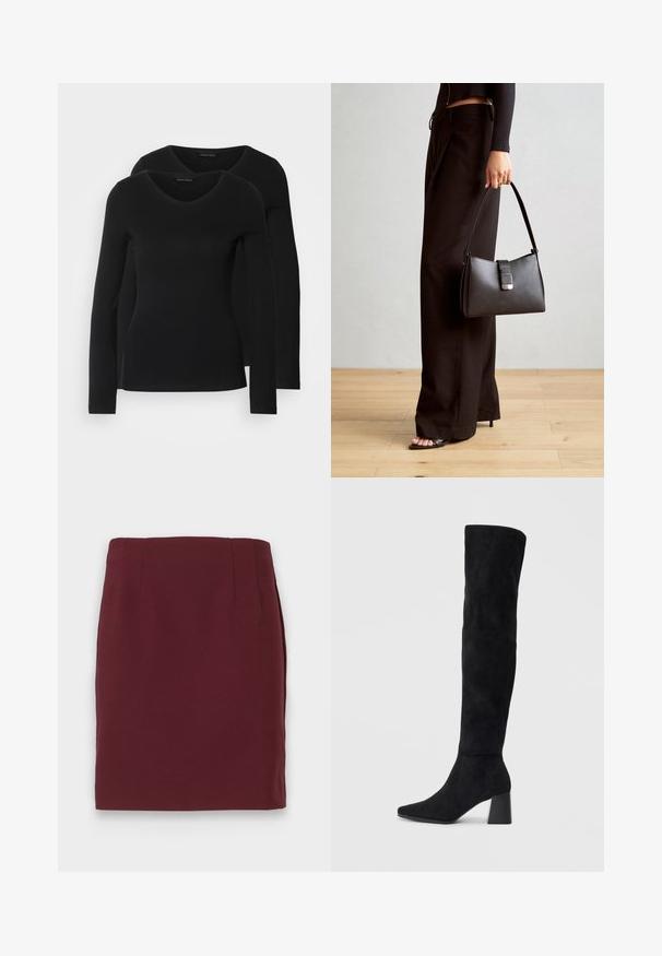 Dva crna majice dugih rukava s V-izrezom, izrađene od mekanog, rastezljivog materijala, s glatkom teksturom i prilagođenim oblikom.; Bordo suknja do koljena u obliku olovke s glatkom teksturom i suptilnim šavnim detaljima na struku, prikazana na bijeloj pozadini.; Crne antilop čizme do koljena s blok potpeticom, šiljastim prstom i glatkim, bešavnim dizajnom na običnoj svijetloj pozadini.; Crna torba s oblikom koji sadrži strukturu, glađu teksturu i metalnu kopču. Uparena s širokim crnim hlačama i sandalama na otvorenom s drvenog poda.