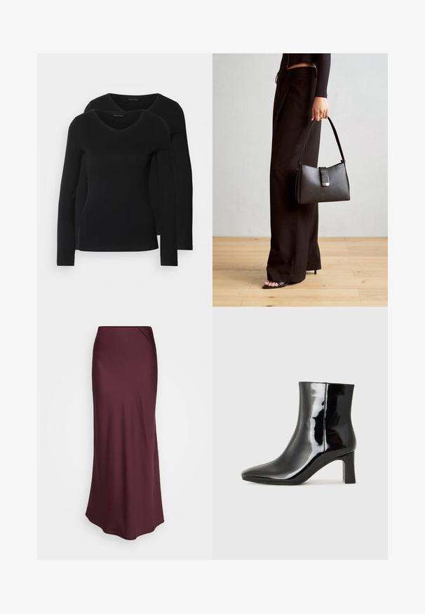 Two black long-sleeve shirts with a V-neck design, made of soft, stretchy fabric, showing smooth texture and a fitted shape.; Burgundy satin maxi skirt with a smooth texture and fitted design, featuring a straight silhouette and subtle draping at the waist.; Black patent leather ankle boot with a pointed toe and a mid-height block heel. Smooth texture and minimalist design.; Black handbag with structured shape, smooth texture, and a metallic clasp. Paired with wide black pants and open-toe sandals on wooden floor.