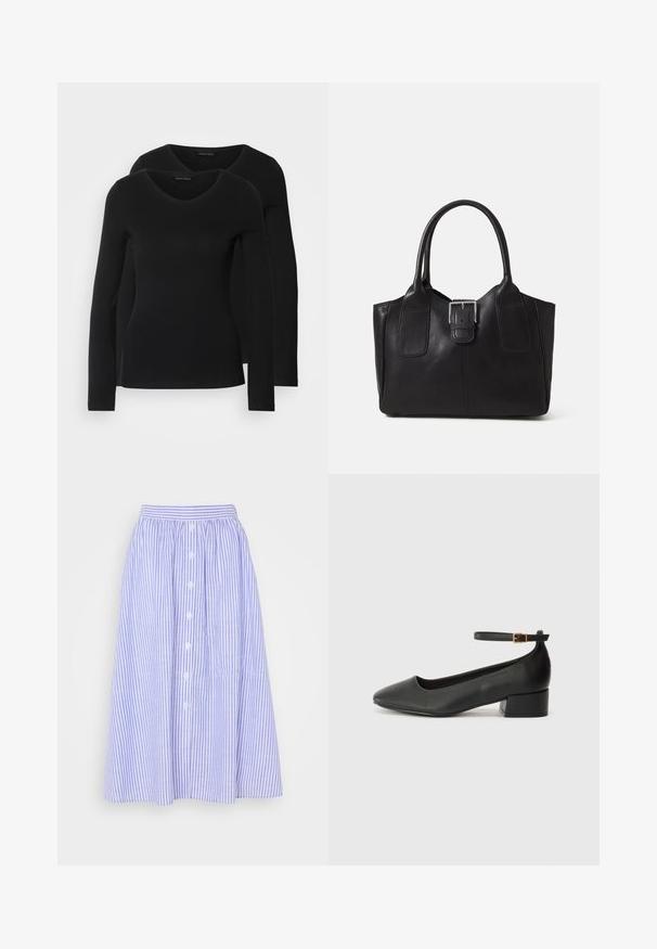 Deux chemises noires à manches longues avec un design en V, fabriquées en tissu doux et extensible, présentant une texture lisse et une silhouette ajustée.; Jupe rayée bleu clair et blanche, mi-longue, avec une taille froncée, un devant à boutons, et une texture subtile.; Escarpin en cuir noir avec un bout pointu et un petit talon bloc. Doté d'une bride de cheville avec une boucle dorée. Texture lisse.; Sac fourre-tout en cuir noir avec une texture lisse, une forme structurée, deux poignées et un détail en boucle argentée proéminent à l'avant.