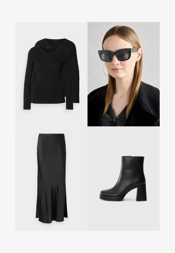 Zwei schwarze Langarmshirts mit V-Ausschnitt, aus weichem, dehnbarem Stoff, der eine glatte Textur und eine figurbetonte Passform zeigt.; Schwarzer Satin-Midi-Rock mit einem eleganten Design, der am Saum leicht ausgestellt ist und eine seitliche Schlitze für mehr Bewegungsfreiheit bietet. Glatte Textur.; Schwarze Leder-Stiefelette mit Blockabsatz und Plattformsohle, seitlich auf einem schlichten weißen Hintergrund betrachtet.; Schwarze Katzenaugen-Sonnenbrille mit dunklen Gläsern, dicken Rahmen und subtilen Akzenten. Getragen mit einem schwarzen Mantel und einem grauen Oberteil, dazu lange, glatte Haare.