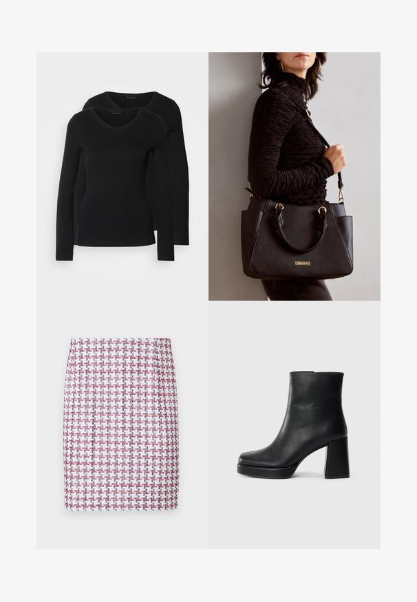 Two black long-sleeve shirts with a V-neck design, made of soft, stretchy fabric, showing smooth texture and a fitted shape.; Woven skirt in red, white, and blue checkered pattern, featuring a straight design and smooth texture, with a mid-rise waistline.; Black leather ankle boot with a block heel and platform sole, viewed from the side on a plain white background.; Black handbag with textured surface, dual top handles, and adjustable shoulder strap. Features gold-tone hardware and side pockets.