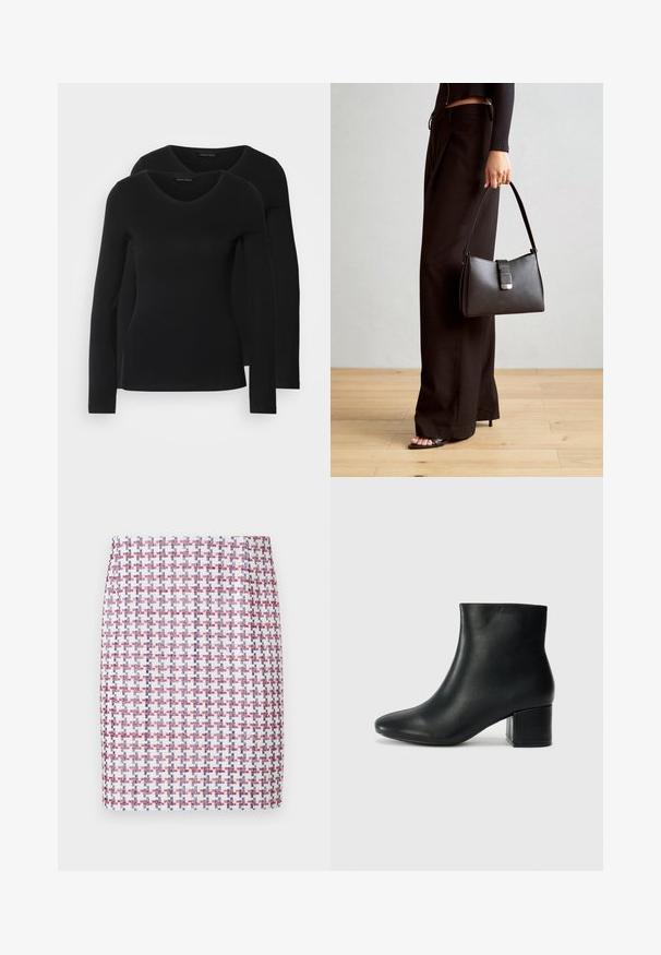 Kaksi mustaa pitkähihaista paitaa V-aukkolla, valmistettu pehmeästä ja joustavasta kankaasta, joka osoittaa sileää tekstuuria ja istuvaa muotoa.; Kudotut hameet punaisessa, valkoisessa ja sinisessä ruudullisessa kuosissa, joissa on suora muotoilu ja sileä rakenne, sekä keski-korkea vyötärö.; Musta nahkasaappaat nilkkapituudella, jossa on terävä kärki ja paksu korko. Silkkinen pinta, jossa on minimaaliset yksityiskohdat ja tyylikäs, istuva muotoilu.; Musta käsilaukku, jossa on rakenteellinen muoto, sileä pinta ja metallinen solki. Yhdistetty leveisiin mustiin housuihin ja avonaiheisiin sandaaleihin puulattialla.