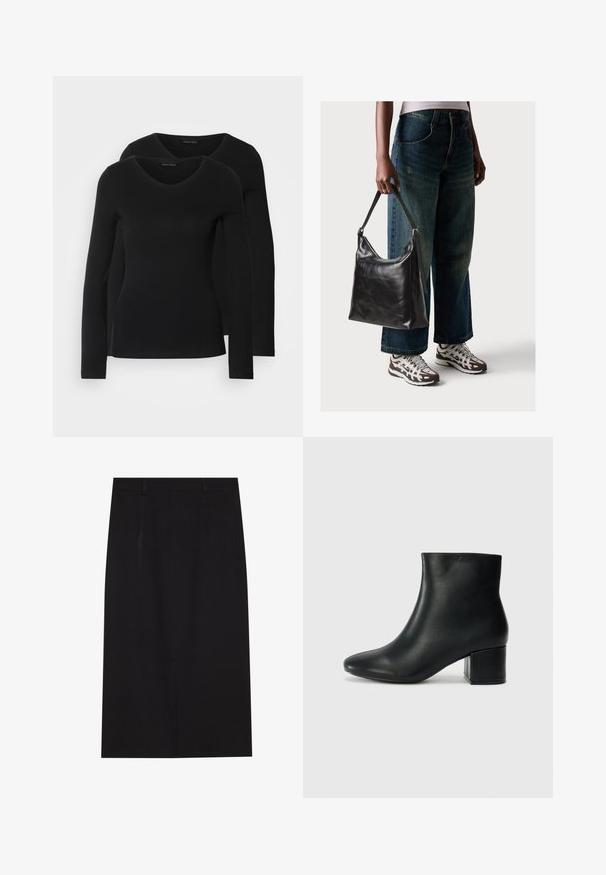 Två svarta långärmade tröjor med V-ringning, tillverkade av mjukt, stretchy tyg, som visar en slät textur och en figursydd form.; Svart knälång blyertskjol i slät tyg. Har en ren design med två framseams och en dold dragkedja bak.; Svarta läderankelstövlar med spetsig tå och kraftig klack. Slät textur med minimala accenter och en stilren, åtsittande design.; Svart läderaxelväska med en slät yta och justerbar rem, i kombination med urtvättade vida jeans och sportiga sneakers.