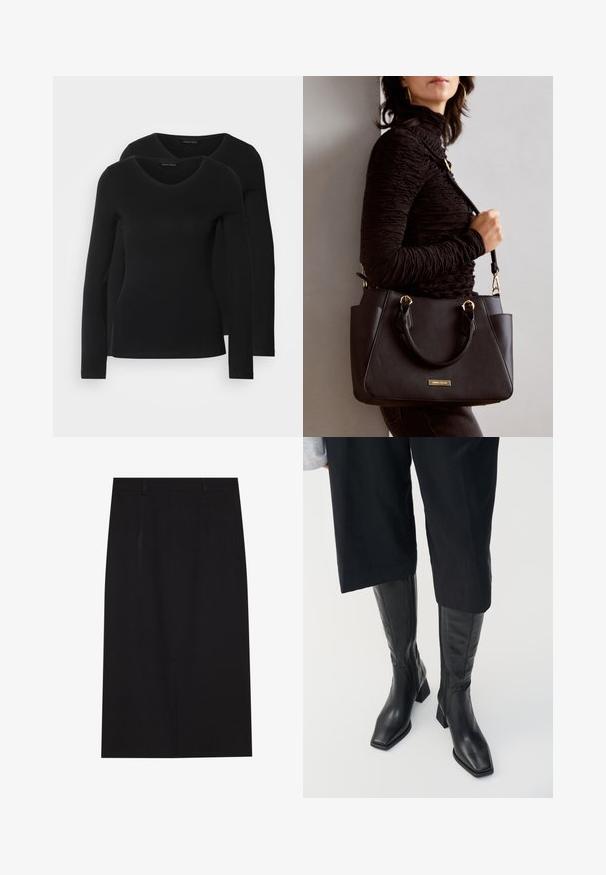 Duas camisetas pretas de manga longa com design em V, feitas de um tecido macio e elástico, apresentando uma textura suave e um formato ajustado.; Saia lápis preta até os joelhos, feita de um tecido suave. Apresenta um design limpo com duas costuras frontais e um fecho invisível nas costas.; Botas de couro pretas até ao joelho com biqueira quadrada e salto bloco. Apresentam um fecho de correr lateral e uma textura suave.; Bolsa preta com superfície texturizada, alças superiores duplas e alça de ombro ajustável. Apresenta ferragens em tom dourado e bolsos laterais.