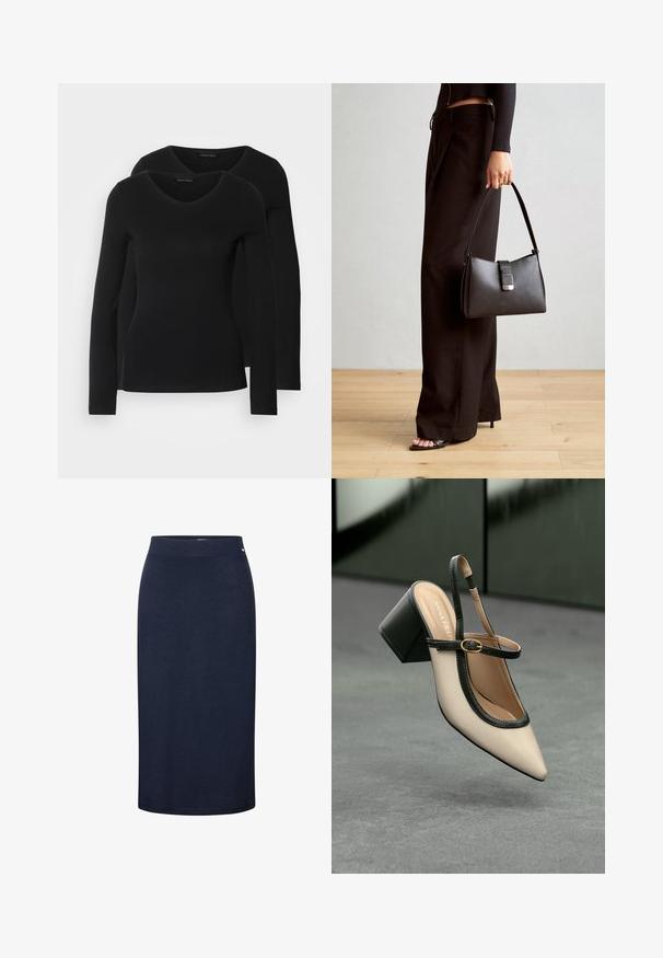 Twee zwarte longsleeve shirts met een V-hals ontwerp, gemaakt van zachte, rekbare stof, die een gladde textuur en een getailleerde vorm laten zien.; Marineblauwe, knielange rok van zachte, rekbare stof. Heeft een soepele tailleband en een eenvoudig design zonder patronen of versieringen.; Beige puntige slingback schoen met zwarte rand, gouden gesp en een chunky blokhak op een grijze vloer met een donker groene achtergrond.; Zwarte handtas met gestructureerde vorm, gladde textuur en een metalen sluiting. Gecombineerd met brede zwarte broeken en sandalen met open teen op een houten vloer.