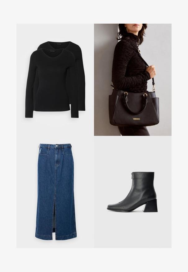 Two black long-sleeve shirts with a V-neck design, made of soft, stretchy fabric, showing smooth texture and a fitted shape.; Denim midi skirt in dark blue, featuring a front slit, five-pocket design, and belt loops at the waist. Smooth, sturdy texture.; Black leather ankle boot with square toe, side zipper, and block heel against plain light background.; Black handbag with textured surface, dual top handles, and adjustable shoulder strap. Features gold-tone hardware and side pockets.