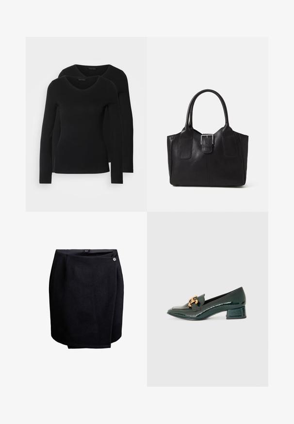 Dvoje čiernych košieľ s dlhým rukávom a výstrihom do V, vyrobených z mäkkej a elastickej látky, s jemnou textúrou a priliehavým strihom.; Čierna sukňa zabalovacím štýlom s jedným gombíkom na bočnej strane, vyrobená z hladkej tkaniny, po kolená s miernym prekrytím.; Tmavo zelené lakované kožené lodičky s nízkým podpätkom a špicatou špičkou, s detailom zlatého kovového reťazca na vrchu.; Čierna kožená taška s hladkou textúrou, štruktúrovaným tvarom, dvoma uchami a výrazným strieborným prackovým detailom na prednej strane.