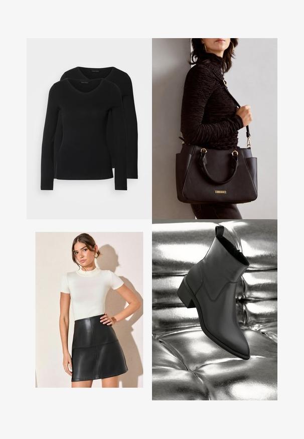 Twee zwarte longsleeve shirts met een V-hals ontwerp, gemaakt van zachte, rekbare stof, die een gladde textuur en een getailleerde vorm laten zien.; Witte geribbelde top met korte mouwen gecombineerd met een zwarte neplederen mini-rok met paneel-details en een strakke silhouet.; Zwarte leren enkelboot met een lage hak, rustend op een glanzend, metallic zilveren, getuft oppervlak, dat de gladde textuur en het slanke ontwerp benadrukt.; Zwarte handtas met gestructureerd oppervlak, dubbele bovenhandvatten en verstelbare schouderriem. Voorzien van goudkleurige hardware en zijzakken.