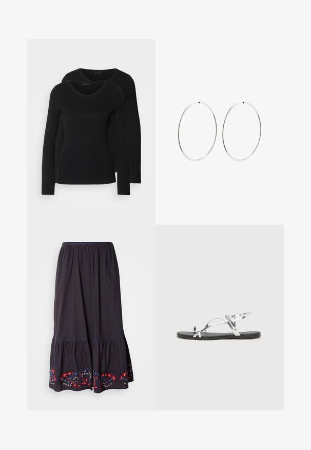 Kaks musta pika varrukaga särk, millel on V-kaelus ja mis on valmistatud pehmest ja venivast kangast, millel on sile tekstuur ja sobiv kuju.; Tumehallist puuvillasest seelikust, millel on kihiline disain ja punaste, siniste ning kollaste tikanditega lillede aktsendid hemul. Painduva vöökohaga.; Hõbedased metallilised sandaalid minimalistliku disainiga, millel on õhukesed rihmad ja must lamellõhk. Tunnusjoonte hulka kuuluvad risti asetatud rihmad.; Hõbedased rõngaskõrvarõngad, millel on sujuv, ümmargune disain ja poleeritud viimistlus. Need on õhukesed ja kerged, omades lihtsat klambrit.