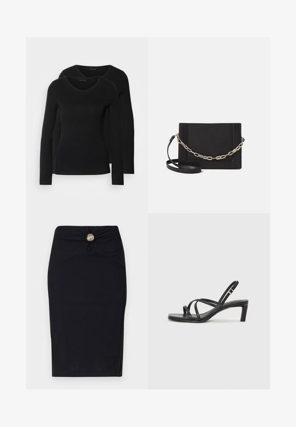 Zwei schwarze Langarmshirts mit V-Ausschnitt, aus weichem, dehnbarem Stoff, der eine glatte Textur und eine figurbetonte Passform zeigt.; Schwarzer Bleistiftrock aus glattem Stoff mit einem verdrehten Frontdesign und einem runden metallischen Akzent an der Taille.; Schwarze Sandale mit Riemchen, quadratischer Zehenform und niedrigem Blockabsatz. Verfügt über mehrere dünne Riemen und einen verstellbaren Knöchelriemen. Hergestellt aus glattem Leder.; Schwarze Leder-Crossbody-Tasche mit glatter Textur, rechteckiger Form und metallic-kettendetail auf der Vorderseite. Verstellbarer Gurt inklusive.
