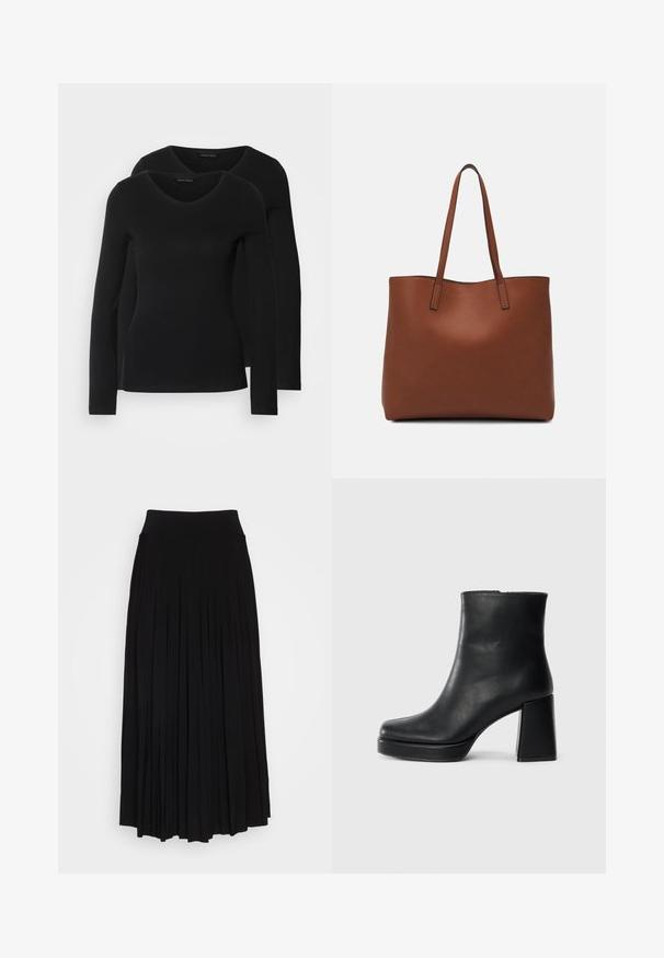 Kaks musta pika varrukaga särk, millel on V-kaelus ja mis on valmistatud pehmest ja venivast kangast, millel on sile tekstuur ja sobiv kuju.; Must mustriga seelik kõrge ja veniva vöökohaga. Valmistatud pehmest kangast, millel on vertikaalsed volangid voolava silueti saavutamiseks.; Must musta ankle boot, milleplokk-konts ja platvormi tallaga, vaadatud küljelt ühetoonilise valge tausta peal.; Pruun nahast tote-kott, millel on sile tekstuur, avatud ülaosa disain ja kaks õlarihma. Omab minimaalset õmblust ja nähtavat riistvara ei ole.