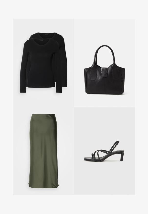 Dve črne majice z dolgimi rokavi in V-izrezom, narejene iz mehkega in raztegljivega materiala, ki prikazuje gladko teksturo in prilegnjeno obliko.; Lindex MARIA - Krilo A-kroja - dark dusty khaki; Črne natikače s trakovi in kvadratnim prstom ter nizkim blokastim peto. Imajo več tankih trakov in nastavljiv trak okoli gležnja. Narejene so iz gladkega usnja.; Črna usnjena torba s gladko teksturo, strukturirano obliko, dvema ročkama in izrazitim srebrnim sponko na sprednji strani.