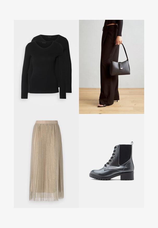Två svarta långärmade tröjor med V-ringning, tillverkade av mjukt, stretchy tyg, som visar en slät textur och en figursydd form.; Plisserad midikjol i ljusbeige med ett genomskinligt överlägg, med en mjuk midjeband och subtila metalliska detaljer genom tyget.; Svarta lackstövlar med ankellängd, klack med blockform, snörning framtill och elastiska sidopaneler för enkel påtagning. Robust sula för bra grepp.; Svart handväska med strukturerad form, slät yta och metallspänne. Matchad med vida svarta byxor och sandaler med öppen tå på trägolv.