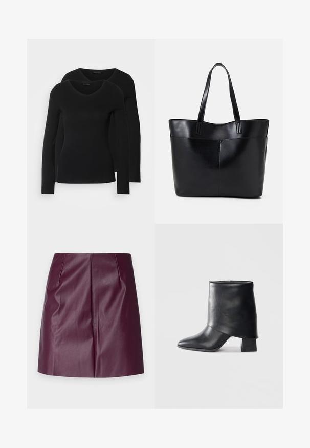 Două cămăși negre cu mâneci lungi și decolteu în V, fabricate dintr-un material moale și elastic, cu o textură netedă și o formă ajustată.; Vero Moda Petite VMNELLY - Fustă în formă de A - winetasting; Botine din piele neagră cu vârf ascuțit, textură netedă și toc bloc structurat. Prezintă un design cu manșetă înaltă și pliată.; Geantă oversized din piele neagră, cu două mânere lungi, de textură netedă și formă structurată. Are un buzunar frontal pentru stocare suplimentară.