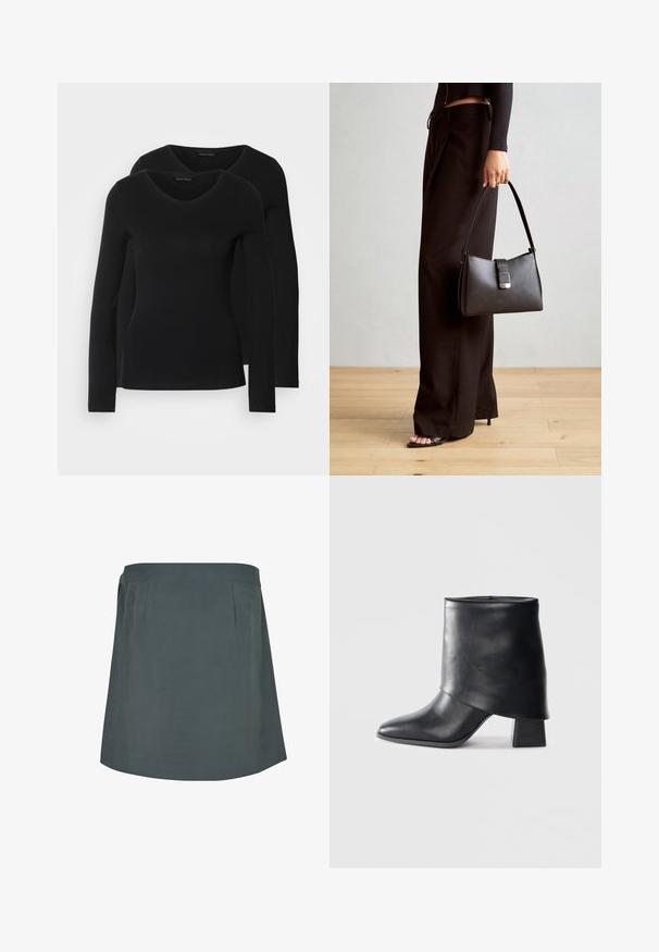 Två svarta långärmade tröjor med V-ringning, tillverkade av mjukt, stretchy tyg, som visar en slät textur och en figursydd form.; Mörkgrön, knälång kjol med en slät textur, som har en platt midja och subtila veck fram. Enkel, funktionell design.; Svart läder ankelboot med spetsig tå, slät textur och en strukturerad blockklack. Har en hög, vikbar krage.; Svart handväska med strukturerad form, slät yta och metallspänne. Matchad med vida svarta byxor och sandaler med öppen tå på trägolv.