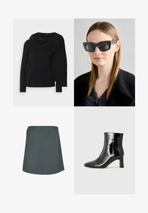 Dvoje čiernych košieľ s dlhým rukávom a výstrihom do V, vyrobených z mäkkej a elastickej látky, s jemnou textúrou a priliehavým strihom.; Tmavozelená sukňa po kolená s hladkým povrchom, so splošteným pásom a jemnými záhybmi vpredu. Jednoduchý a funkčný dizajn.; Čierne lakované členkové topánky s špicatou špičkou a stredne vysokým blokovým podpätkom. Hladká textúra a minimalistický dizajn.; Čierne mačacie slnečné okuliare s tmavými sklami, hrubými obručami a jemnými detailami. Nosí sa s čiernym kabátom a sivým topom, pričom má dlhé rovné vlasy.