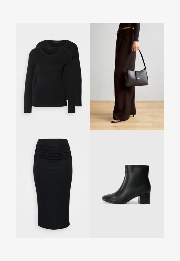 Divi melni krekli ar garām piedurknēm un V-veida kakla izgriezumu, izgatavoti no mīksta, elastīga auduma, ar gludu tekstūru un pieguļošu formas.; Melnā zīmuļa svārki ar savilktu tekstūru augstajā jostasvietā, izgatavoti no elastīga auduma. Gluda apdare, ceļa garuma dizains bez redzamām piederuma detaļām.; Melna ādas potīšu zābaki ar smailu purngalu un masīlu papēdi. Gluda tekstūra ar minimāliem akcentiem un gludu, pieguļošu dizainu.; Melnā somiņa ar strukturētu formu, gludu tekstūru un metālu sprādzi. Saskaņota ar platām melnām biksēm un sandālēm ar atvērtu purngalu uz koka grīdas.