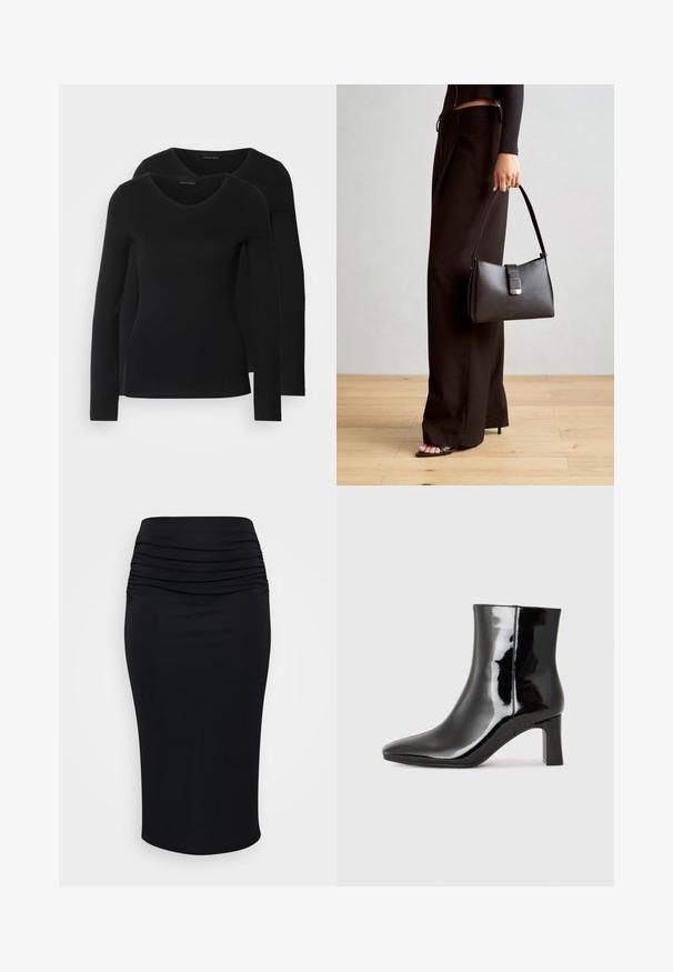Două cămăși negre cu mâneci lungi și decolteu în V, fabricate dintr-un material moale și elastic, cu o textură netedă și o formă ajustată.; Fustă neagră până la genunchi, cu textură plisată la talie, realizată dintr-un material elastic. Finisaj neted, fără detalii metalice vizibile.; Botine negre din piele lacuită, cu vârful ascuțit și toc bloc de înălțime medie. Textură netedă și design minimalist.; Genți negre cu o formă structurată, textură netedă și un închizător metalic. Asortată cu pantaloni negri largi și sandale cu vârf deschis pe un podea din lemn.