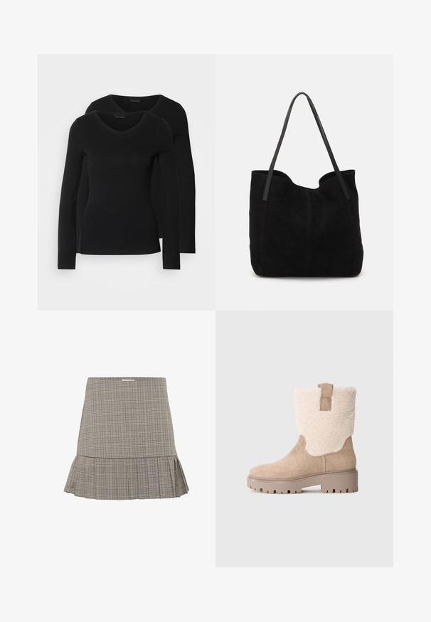 To sorte langærmede t-shirts med V-hals-design, lavet af blødt, strækbart stof, som viser en glat tekstur og en tætsiddende pasform.; Grå ternet nederdel med en udvidet kant, der har et subtilt plisseret design og en tætsiddende talje. Fremstillet af letvægtsstof.; Mellemhøj beige ruskind støvle med tyk gummisål, foring af shearling ved kanten og trækstrop på neutral grå baggrund.; Sort ruskinds totemed med to lange, flade læderremme. Har en buet topkant og synlige stikninger langs forsiden. Ingen hardware-dekorationer.